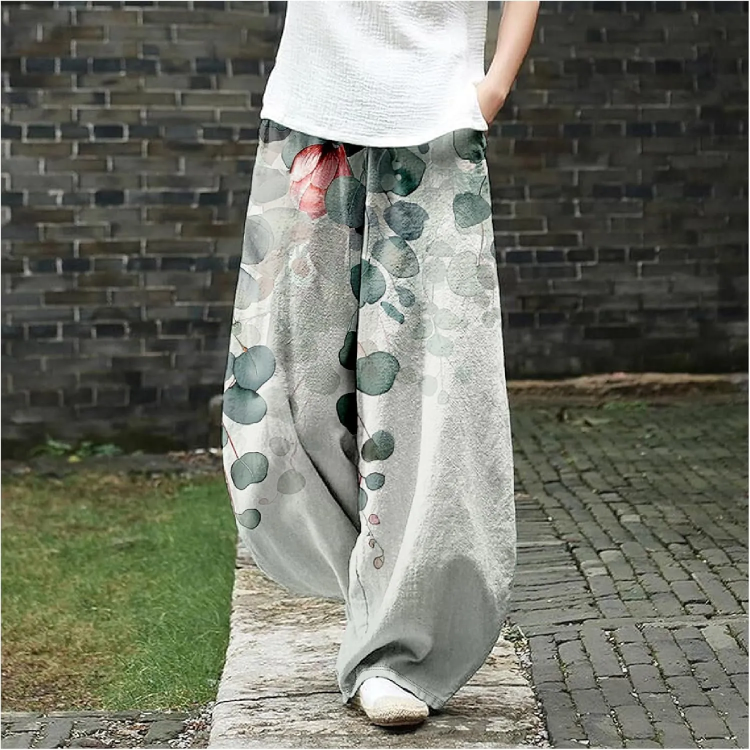 Wide Leg Pants for Women Boho Floral Printed Elastic Waist Baggy Trousers Loose Fit Lounge Pants with Pockets
