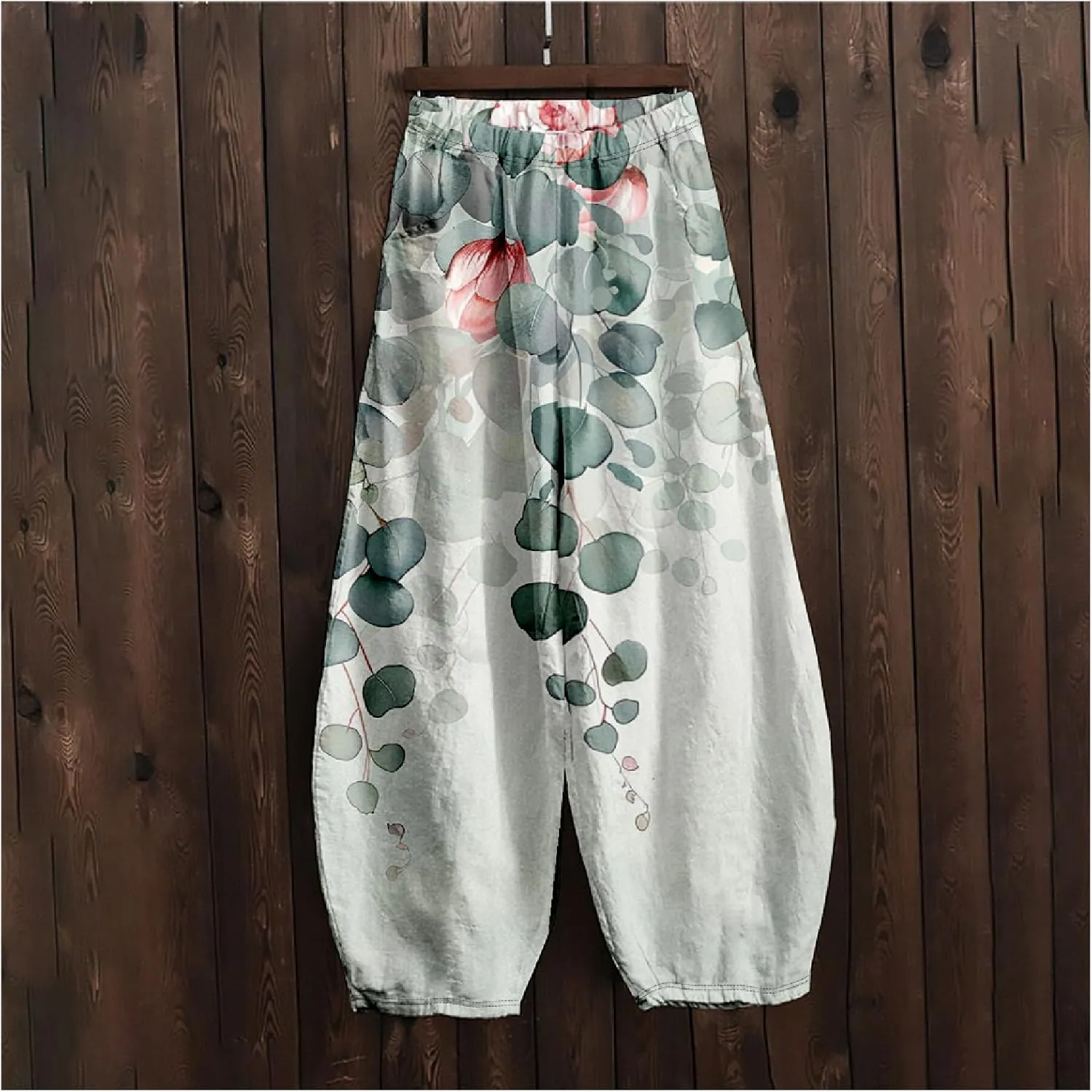 Wide Leg Pants for Women Boho Floral Printed Elastic Waist Baggy Trousers Loose Fit Lounge Pants with Pockets