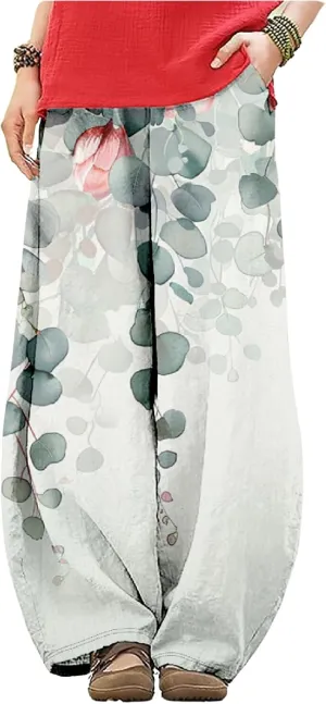 Wide Leg Pants for Women Boho Floral Printed Elastic Waist Baggy Trousers Loose Fit Lounge Pants with Pockets