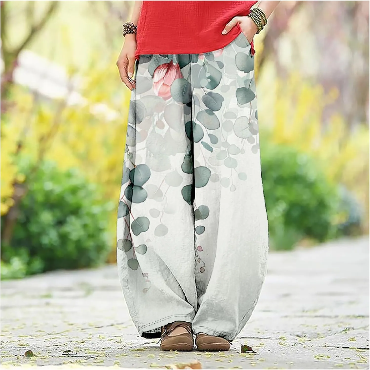 Wide Leg Pants for Women Boho Floral Printed Elastic Waist Baggy Trousers Loose Fit Lounge Pants with Pockets
