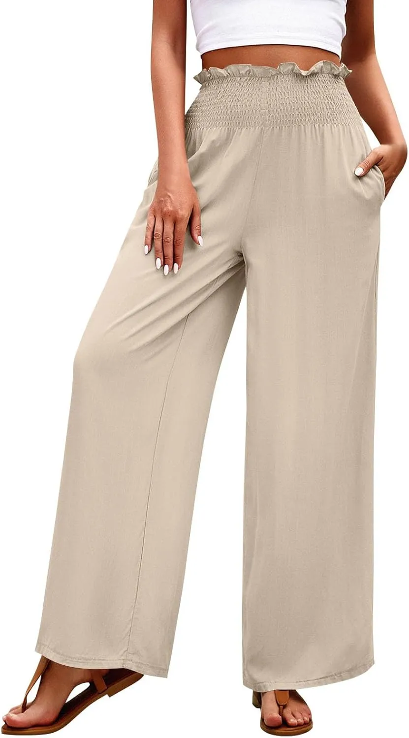 Wide Leg Pants for Women Cotton Linen Summer Pants Casual Elastic Waist High Waisted with Pockets Soft Solid Trouser