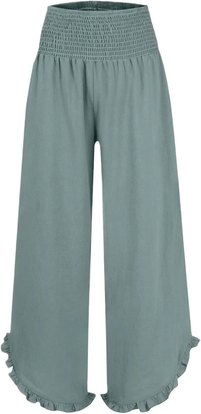 Wide Leg Pants for Women Linen Summer Elastic Waist Palazzo Pants High Waisted with Pockets Cropped Solid Trousers