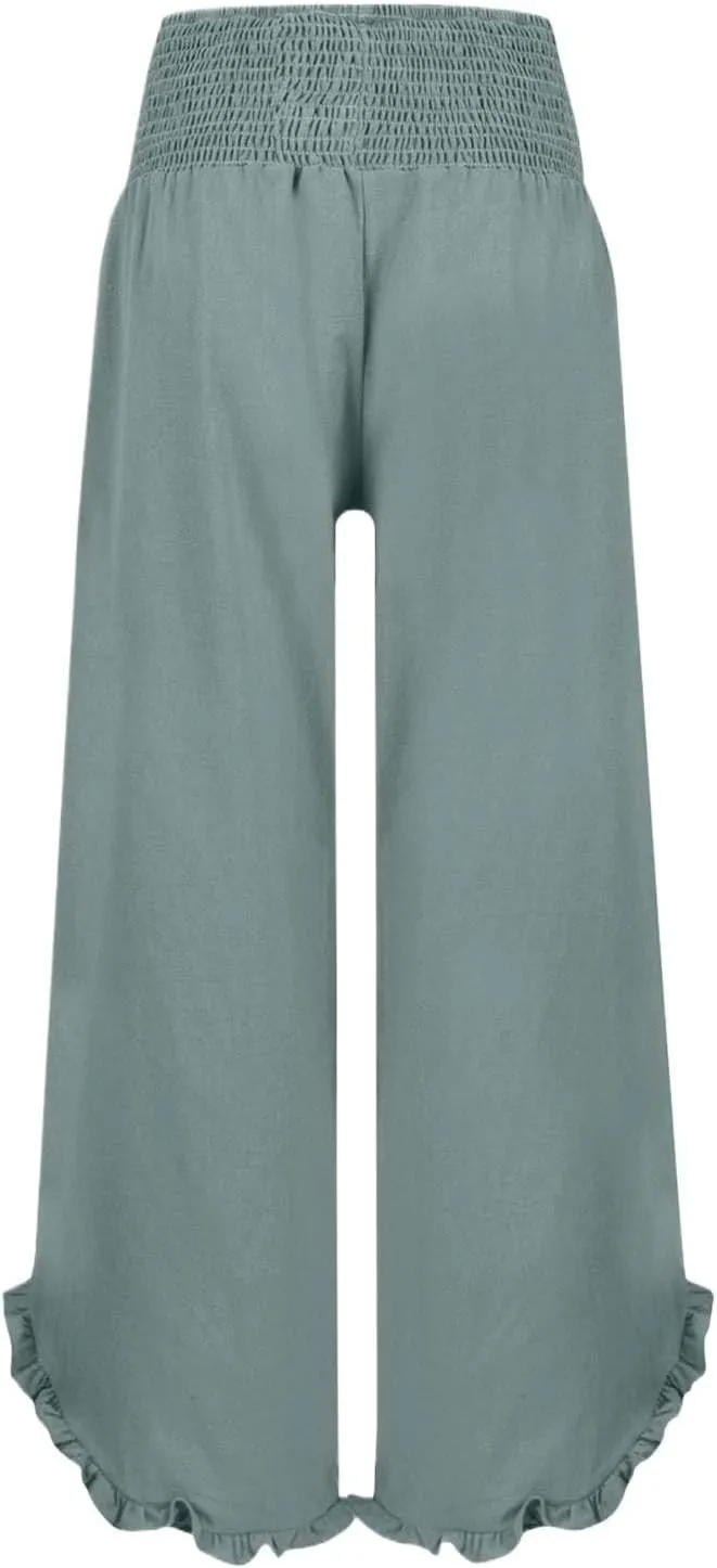 Wide Leg Pants for Women Linen Summer Elastic Waist Palazzo Pants High Waisted with Pockets Cropped Solid Trousers