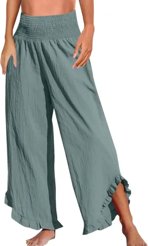 Wide Leg Pants for Women Linen Summer Elastic Waist Palazzo Pants High Waisted with Pockets Cropped Solid Trousers