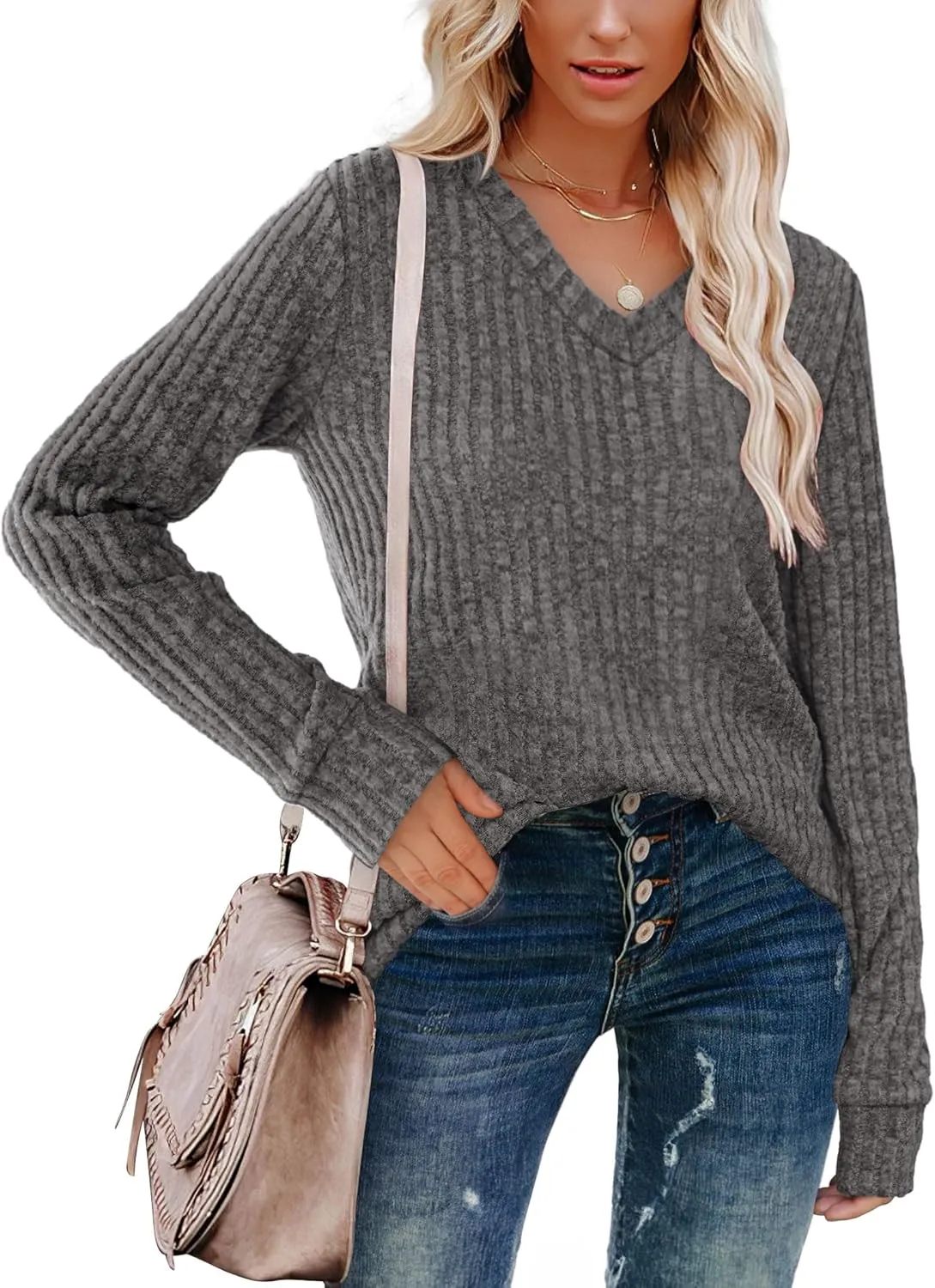 WIHOLL V Neck Long Sleeve Shirts for Women Casual Fall Tops Lightweight Tunic Sweaters Fashion Clothes 2024