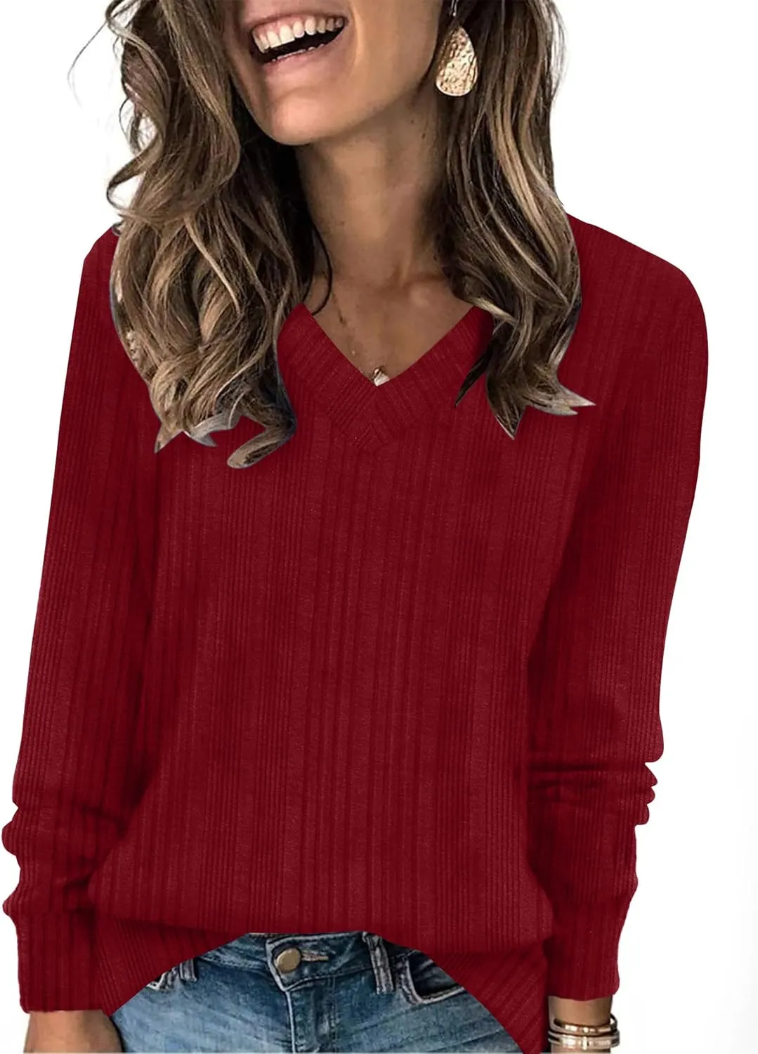 WIHOLL V Neck Long Sleeve Shirts for Women Casual Fall Tops Lightweight Tunic Sweaters Fashion Clothes 2024