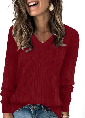 WIHOLL V Neck Long Sleeve Shirts for Women Casual Fall Tops Lightweight Tunic Sweaters Fashion Clothes 2024