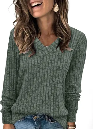 WIHOLL V Neck Long Sleeve Shirts for Women Casual Fall Tops Lightweight Tunic Sweaters Fashion Clothes 2024
