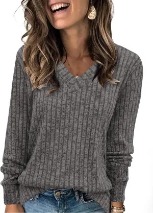 WIHOLL V Neck Long Sleeve Shirts for Women Casual Fall Tops Lightweight Tunic Sweaters Fashion Clothes 2024