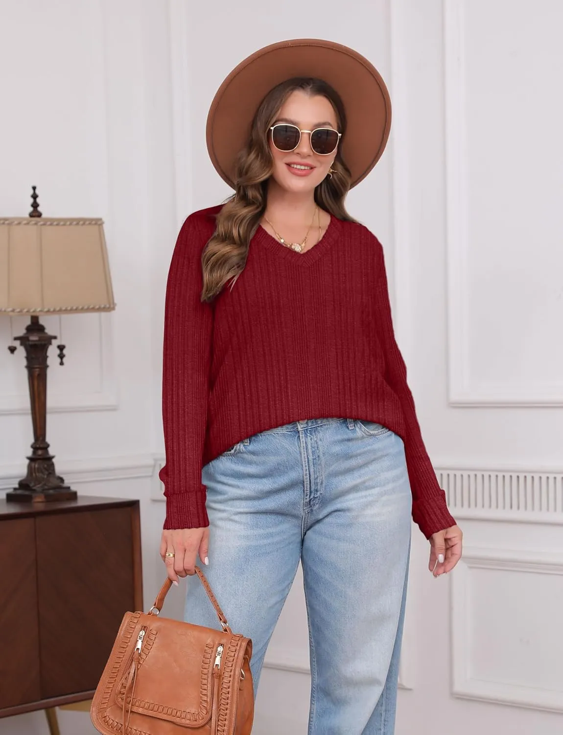 WIHOLL V Neck Long Sleeve Shirts for Women Casual Fall Tops Lightweight Tunic Sweaters Fashion Clothes 2024