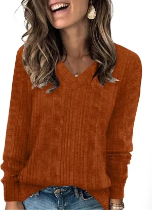 WIHOLL V Neck Long Sleeve Shirts for Women Casual Fall Tops Lightweight Tunic Sweaters Fashion Clothes 2024