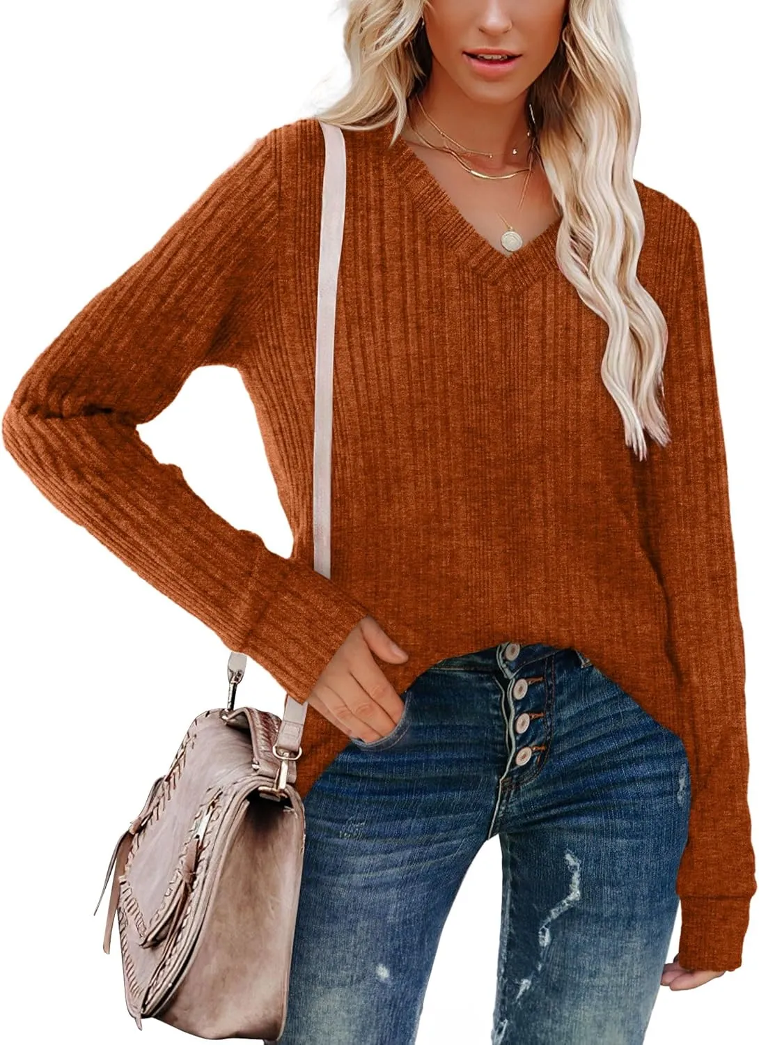 WIHOLL V Neck Long Sleeve Shirts for Women Casual Fall Tops Lightweight Tunic Sweaters Fashion Clothes 2024