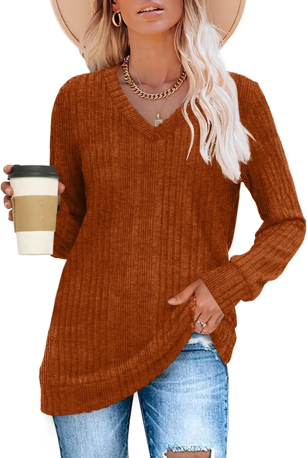WIHOLL V Neck Long Sleeve Shirts for Women Casual Fall Tops Lightweight Tunic Sweaters Fashion Clothes 2024