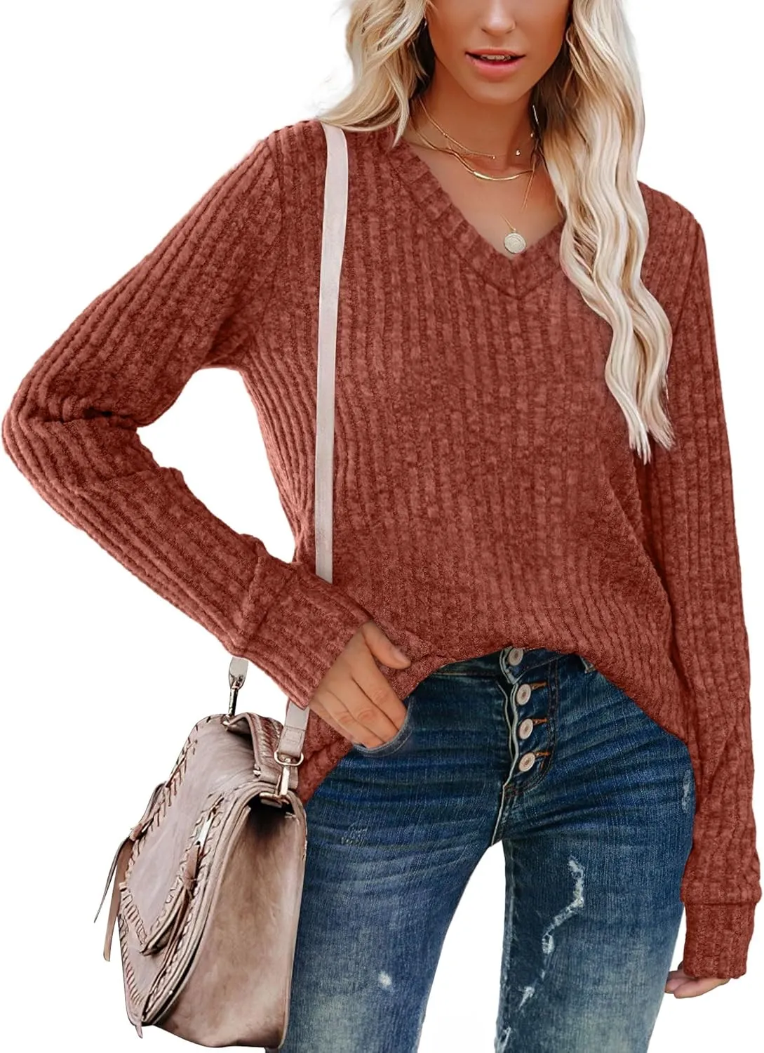 WIHOLL V Neck Long Sleeve Shirts for Women Casual Fall Tops Lightweight Tunic Sweaters Fashion Clothes 2024