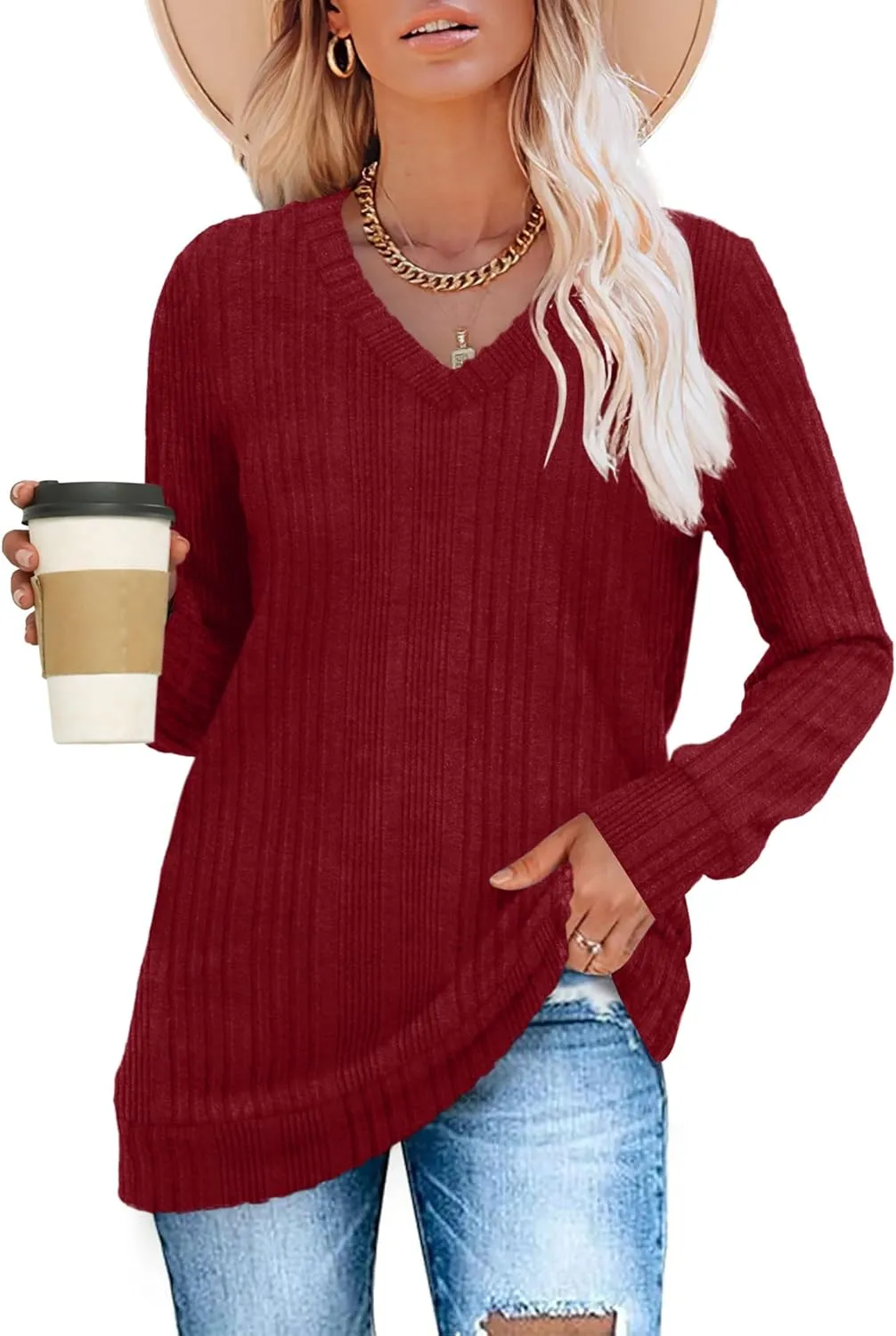 WIHOLL V Neck Long Sleeve Shirts for Women Casual Fall Tops Lightweight Tunic Sweaters Fashion Clothes 2024