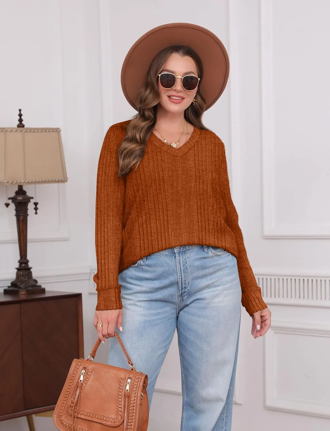 WIHOLL V Neck Long Sleeve Shirts for Women Casual Fall Tops Lightweight Tunic Sweaters Fashion Clothes 2024