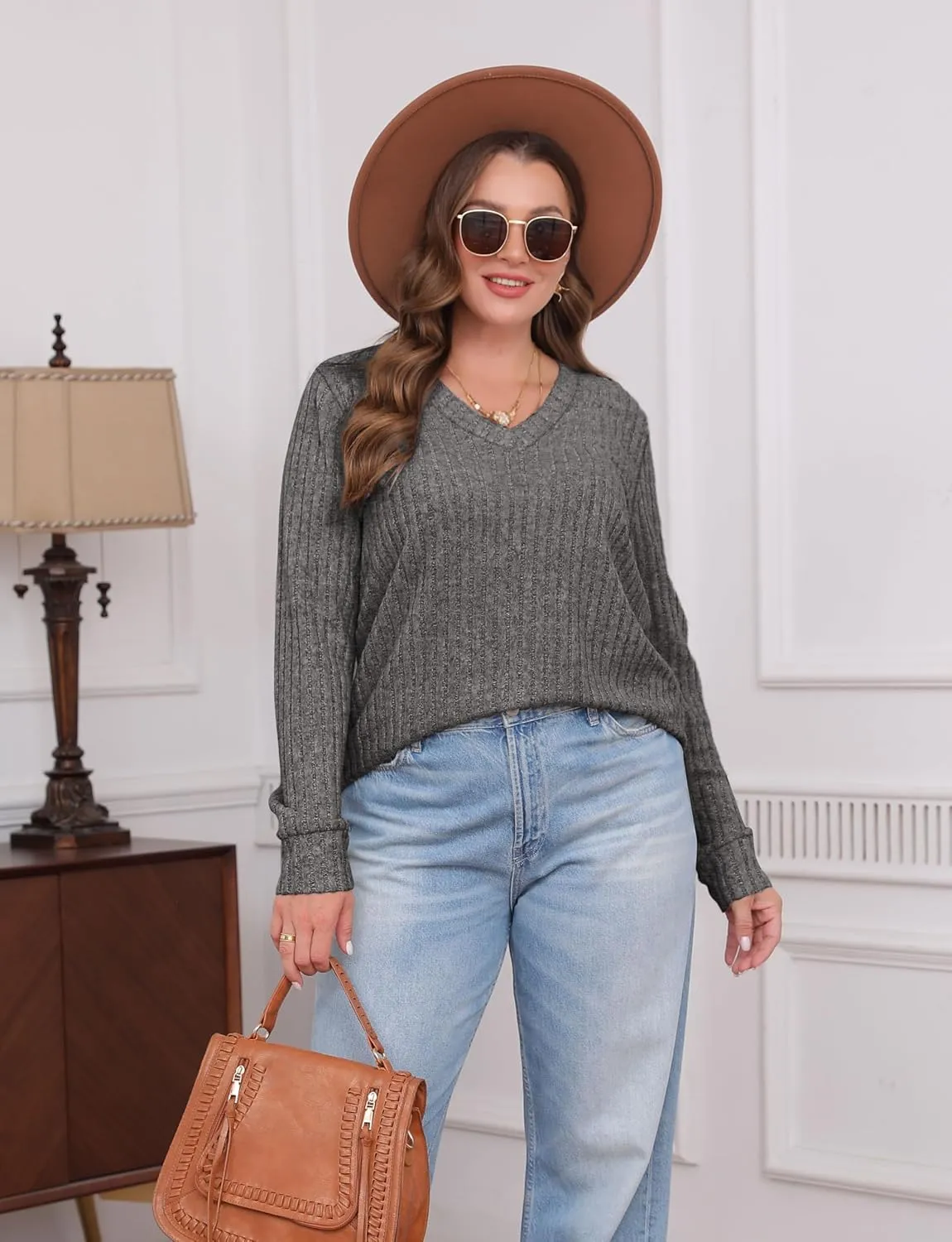 WIHOLL V Neck Long Sleeve Shirts for Women Casual Fall Tops Lightweight Tunic Sweaters Fashion Clothes 2024