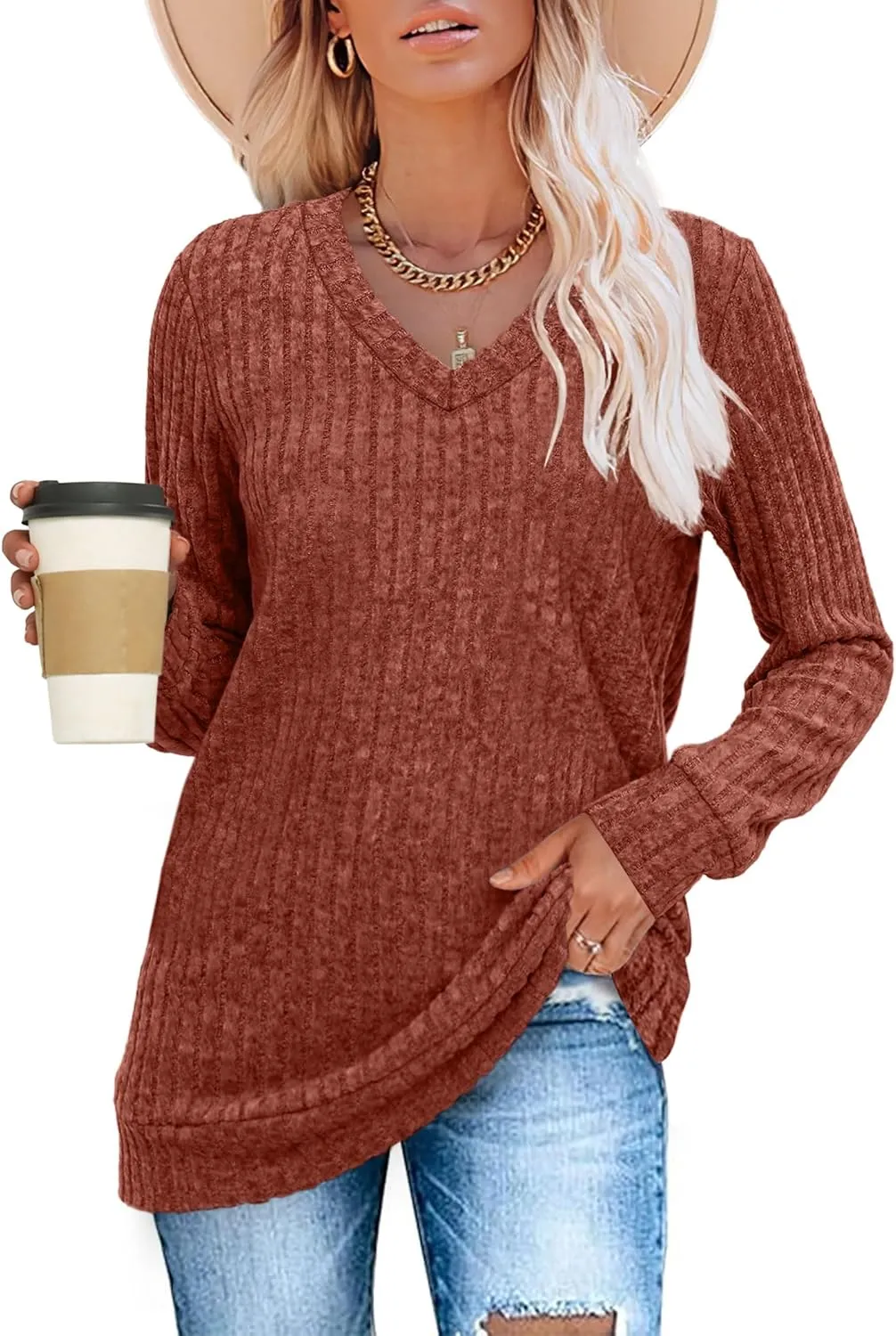 WIHOLL V Neck Long Sleeve Shirts for Women Casual Fall Tops Lightweight Tunic Sweaters Fashion Clothes 2024