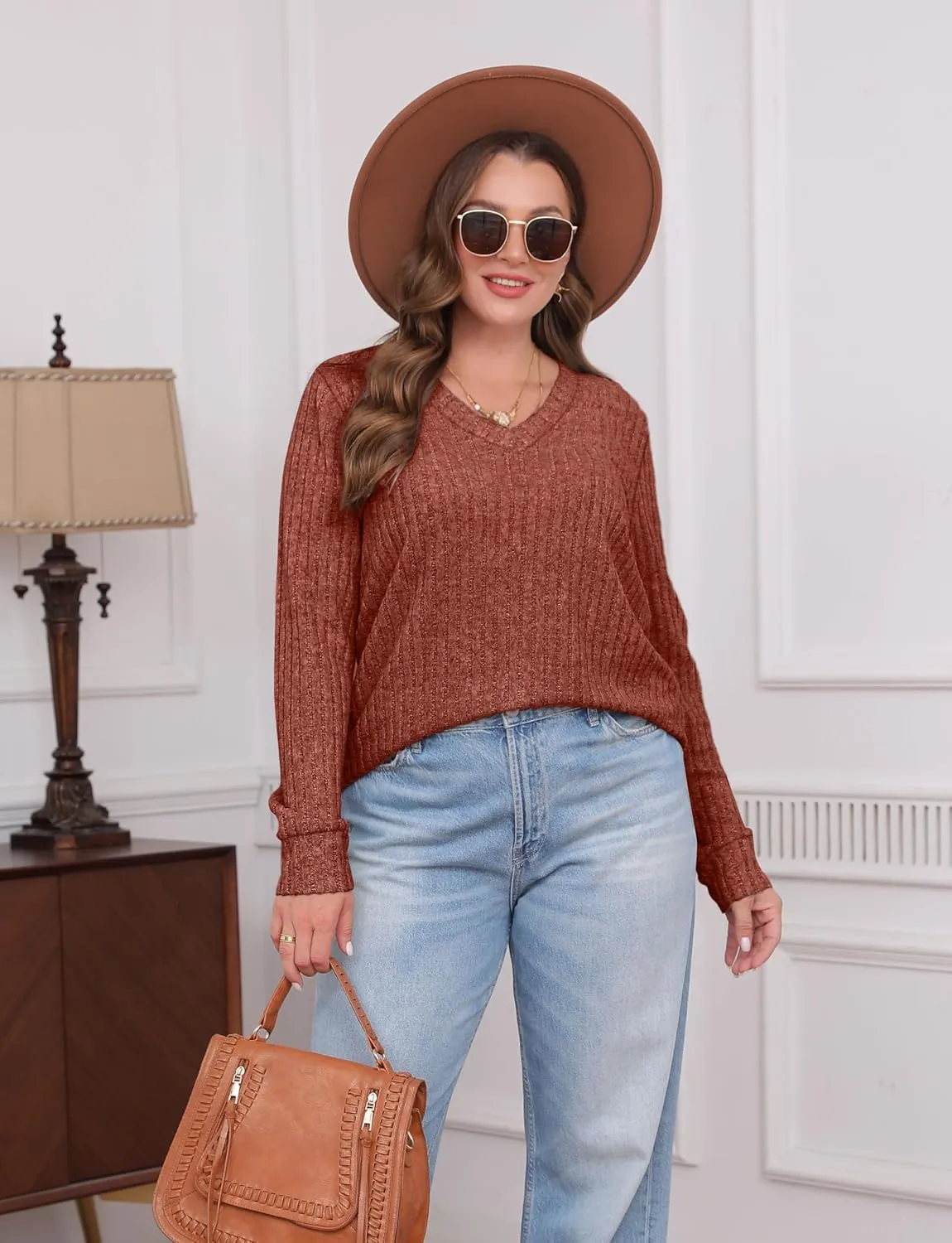 WIHOLL V Neck Long Sleeve Shirts for Women Casual Fall Tops Lightweight Tunic Sweaters Fashion Clothes 2024