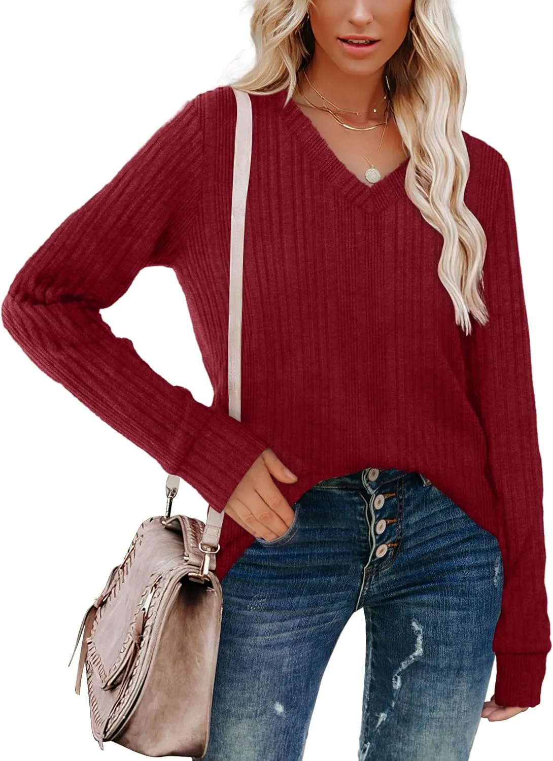 WIHOLL V Neck Long Sleeve Shirts for Women Casual Fall Tops Lightweight Tunic Sweaters Fashion Clothes 2024