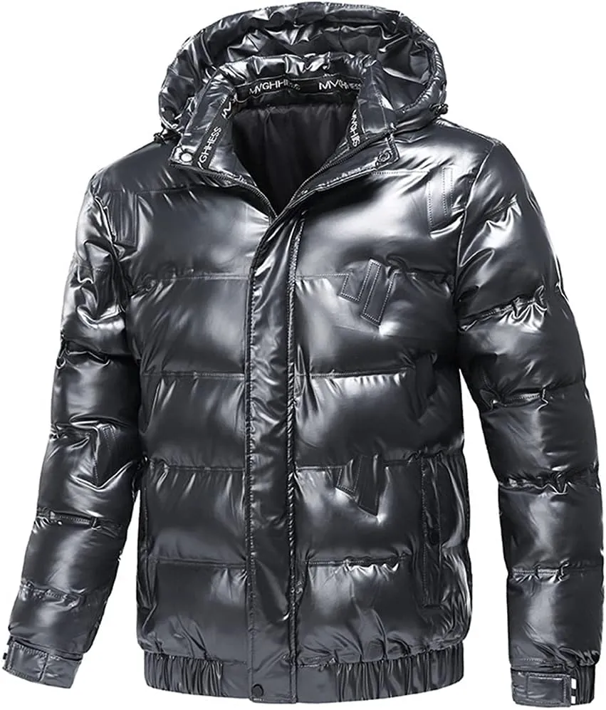Winter Cotton-Padded Parka Men Shiny Fabric Hooded Coats Thick Warm Windbreaker