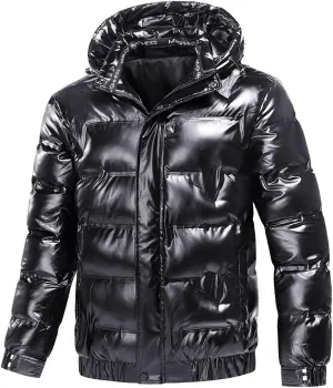 Winter Cotton-Padded Parka Men Shiny Fabric Hooded Coats Thick Warm Windbreaker