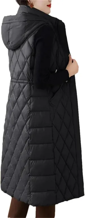 Winter Down Cotton Waistcoat Womens Long Cotton-Padded Vests Windproof Hooded Puffer Parkas Warm Snow Wear Coats