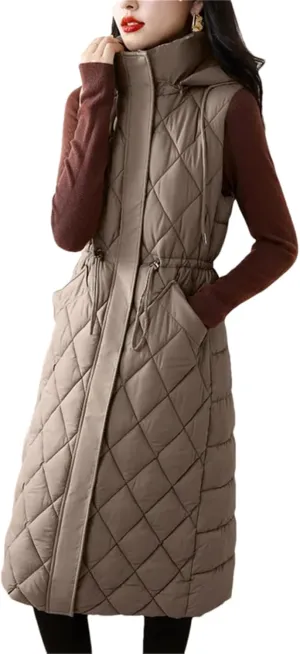 Winter Down Cotton Waistcoat Womens Long Cotton-Padded Vests Windproof Hooded Puffer Parkas Warm Snow Wear Coats
