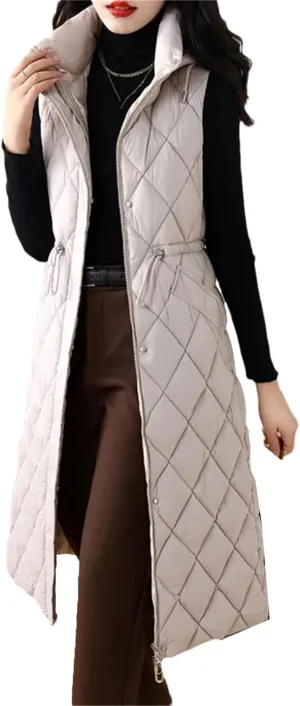 Winter Down Cotton Waistcoat Womens Long Cotton-Padded Vests Windproof Hooded Puffer Parkas Warm Snow Wear Coats