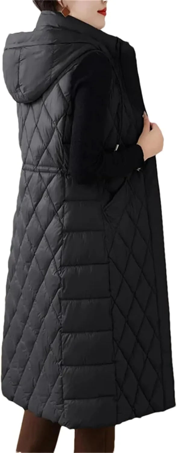 Winter Down Cotton Waistcoat Womens Long Cotton-Padded Vests Windproof Hooded Puffer Parkas Warm Snow Wear Coats