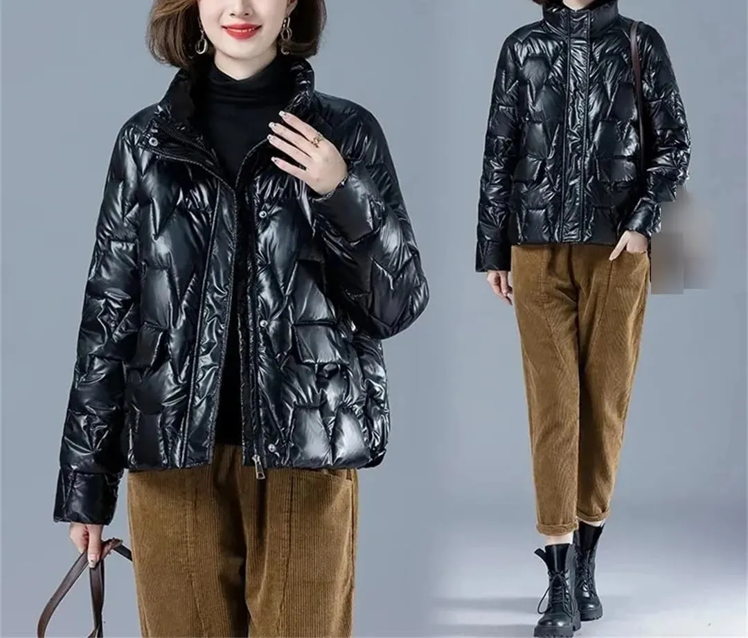 Winter Jacket Women Glossy Warm Parkas Thick Down Cotton Outerwear Solid Short Snow Clothing Cotton Padded Basic Coats