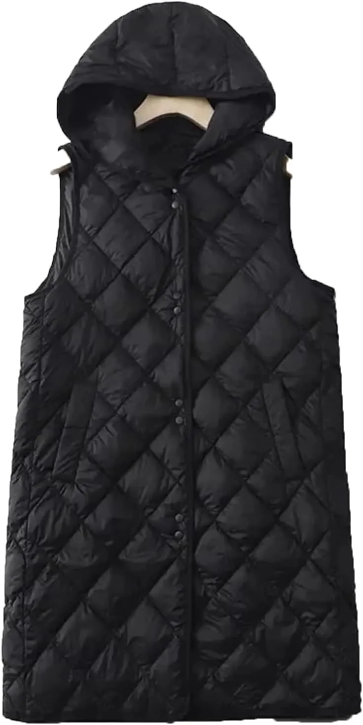Winter Lightweight Tank Top Women Sleeveless Down Vest Coat Loose Hooded Mid Long Cotton Padded Waistcoat