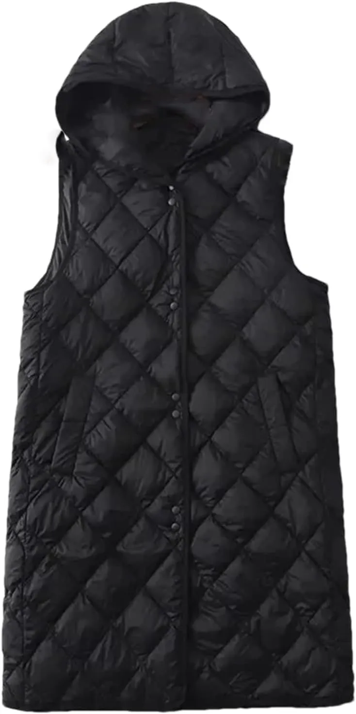 Winter Lightweight Tank Top Women Sleeveless Down Vest Coat Loose Hooded Mid Long Cotton Padded Waistcoat