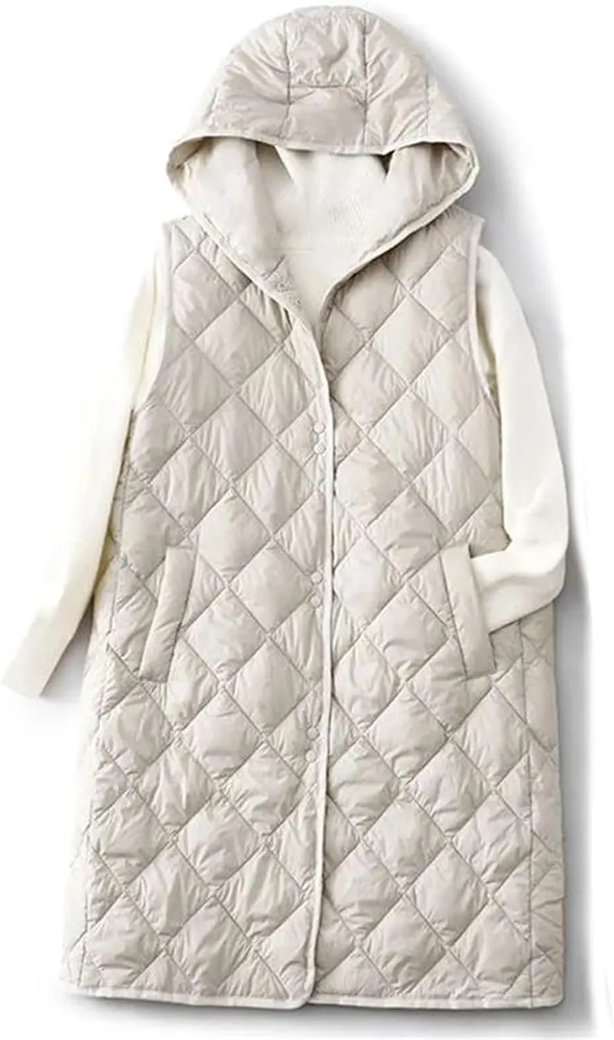 Winter Lightweight Tank Top Women Sleeveless Down Vest Coat Loose Hooded Mid Long Cotton Padded Waistcoat