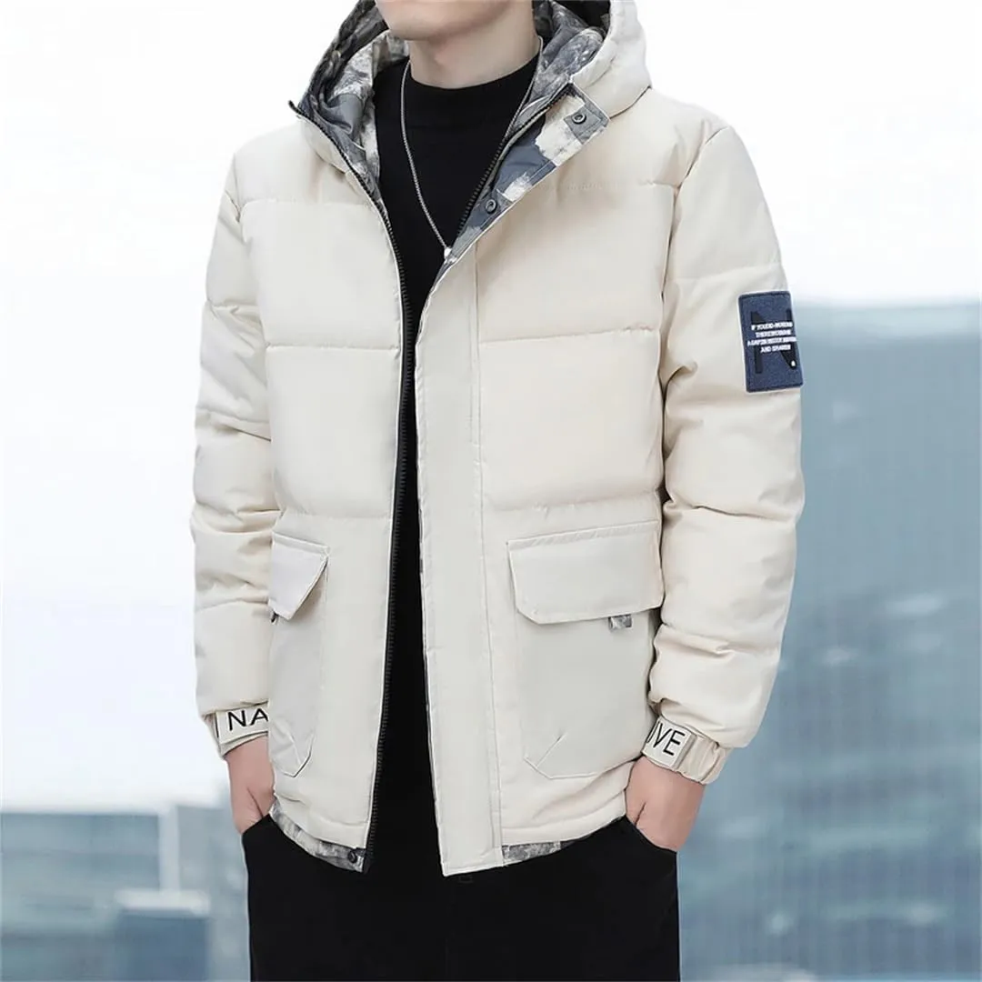 Winter Men's Parka Warm Thick Hooded Puffer Coat Autumn Windproof Solid Cotton Padded Windbreaker Outdoor Overcoat