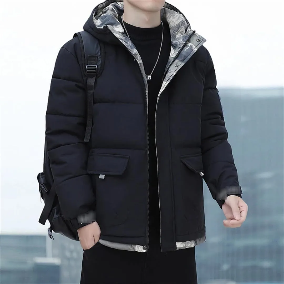 Winter Men's Parka Warm Thick Hooded Puffer Coat Autumn Windproof Solid Cotton Padded Windbreaker Outdoor Overcoat