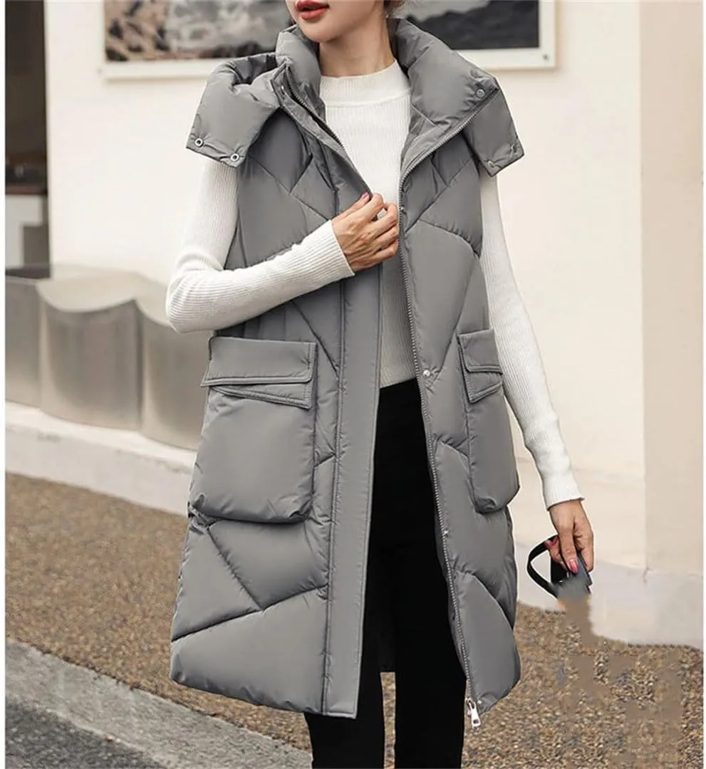 Women Autumn Winter Korean Sleeveless Down Cotton Padded Vest Coat Loose Zipper Hooded Jacket Mid Length Parkas