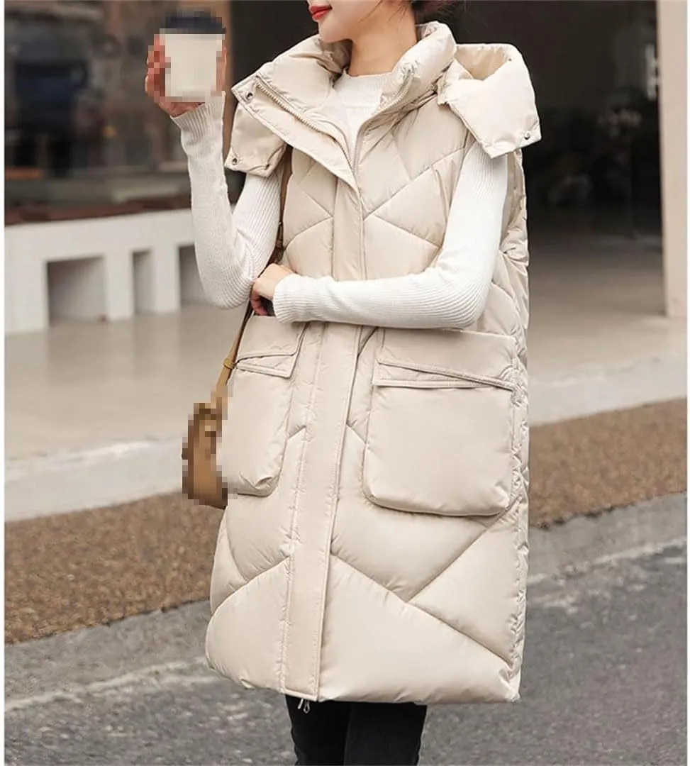 Women Autumn Winter Korean Sleeveless Down Cotton Padded Vest Coat Loose Zipper Hooded Jacket Mid Length Parkas