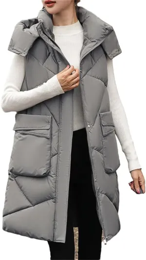 Women Autumn Winter Korean Sleeveless Down Cotton Padded Vest Coat Loose Zipper Hooded Jacket Mid Length Parkas