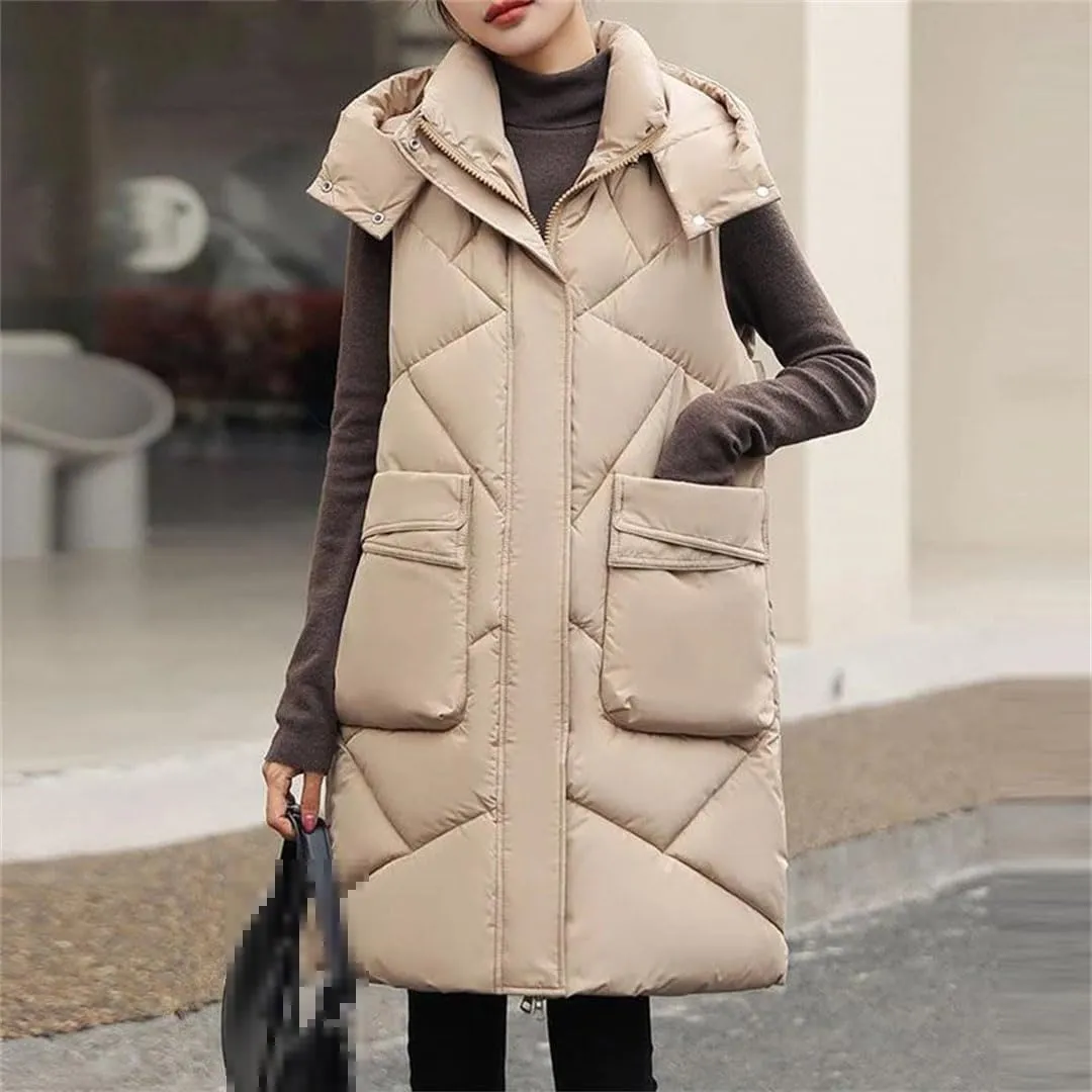 Women Autumn Winter Korean Sleeveless Down Cotton Padded Vest Coat Loose Zipper Hooded Jacket Mid Length Parkas
