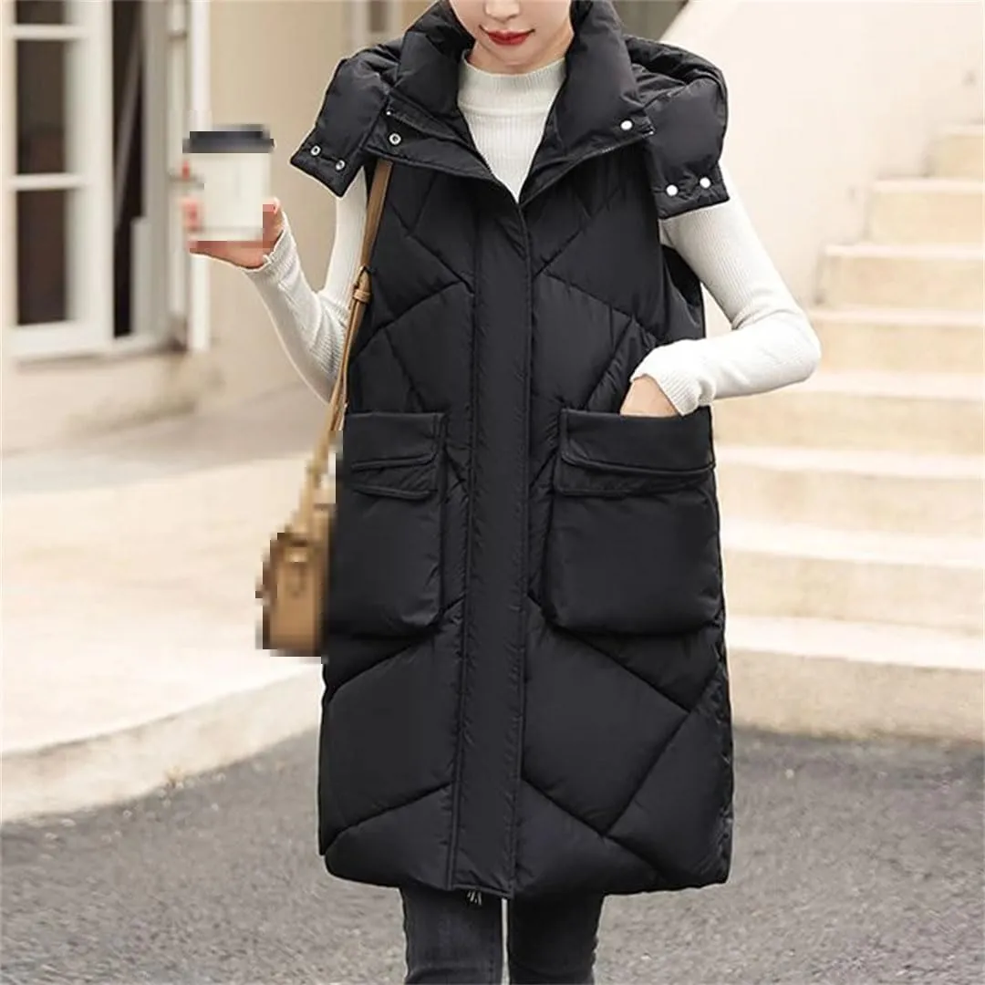 Women Autumn Winter Korean Sleeveless Down Cotton Padded Vest Coat Loose Zipper Hooded Jacket Mid Length Parkas