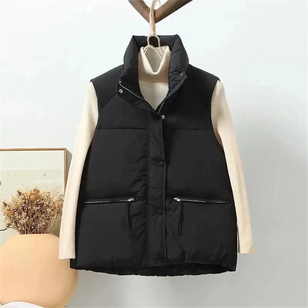 Women Autumn Winter Puffer Vest Loose Cropped Stand Collar Sleeveless Vest Jackets Cotton Padded Waistcoat