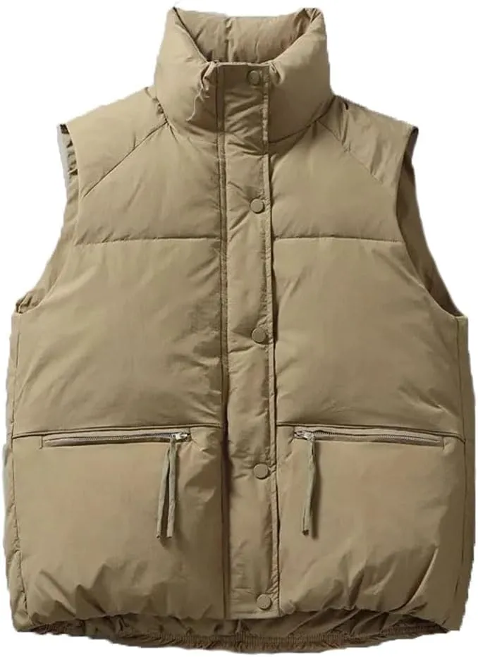 Women Autumn Winter Puffer Vest Loose Cropped Stand Collar Sleeveless Vest Jackets Cotton Padded Waistcoat