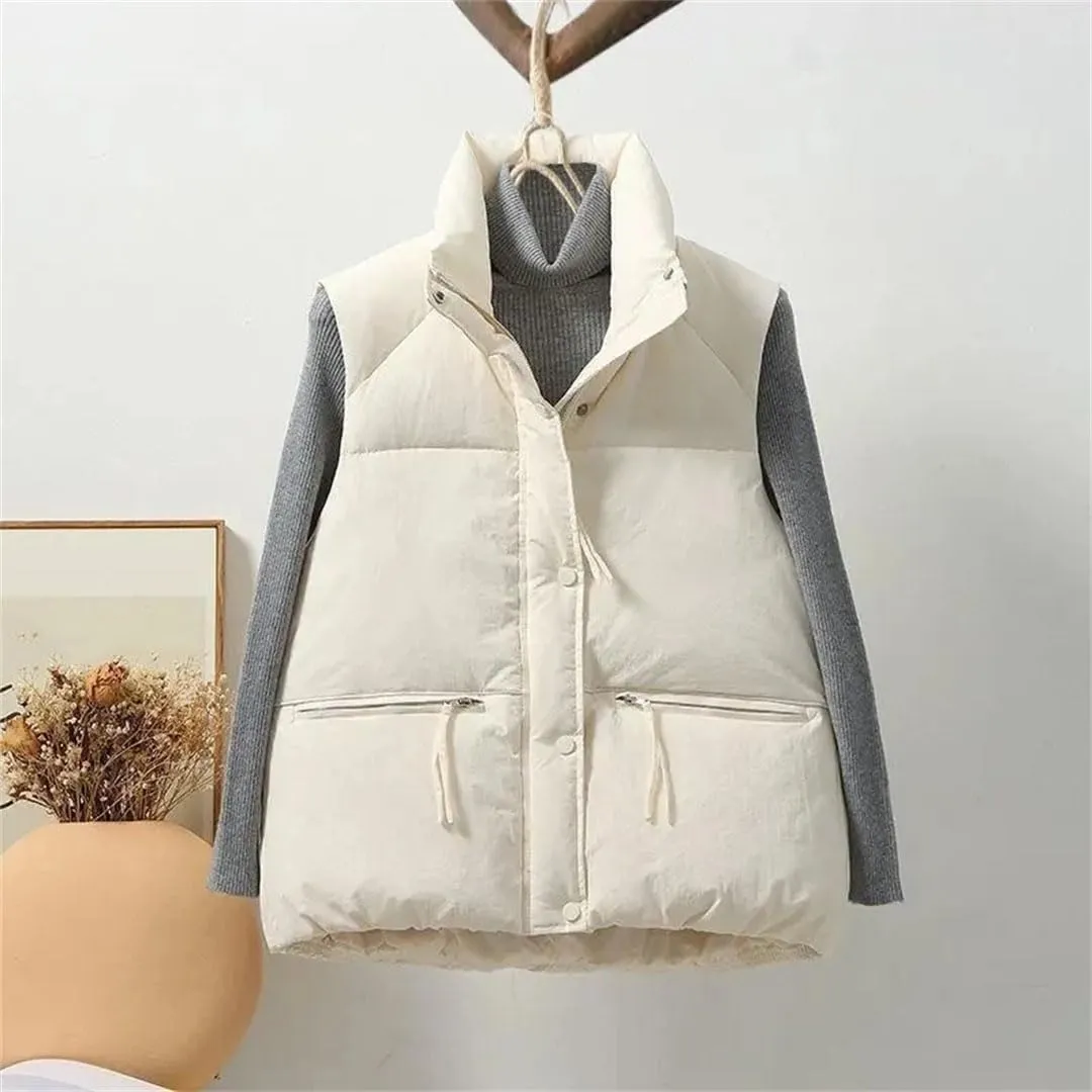 Women Autumn Winter Puffer Vest Loose Cropped Stand Collar Sleeveless Vest Jackets Cotton Padded Waistcoat