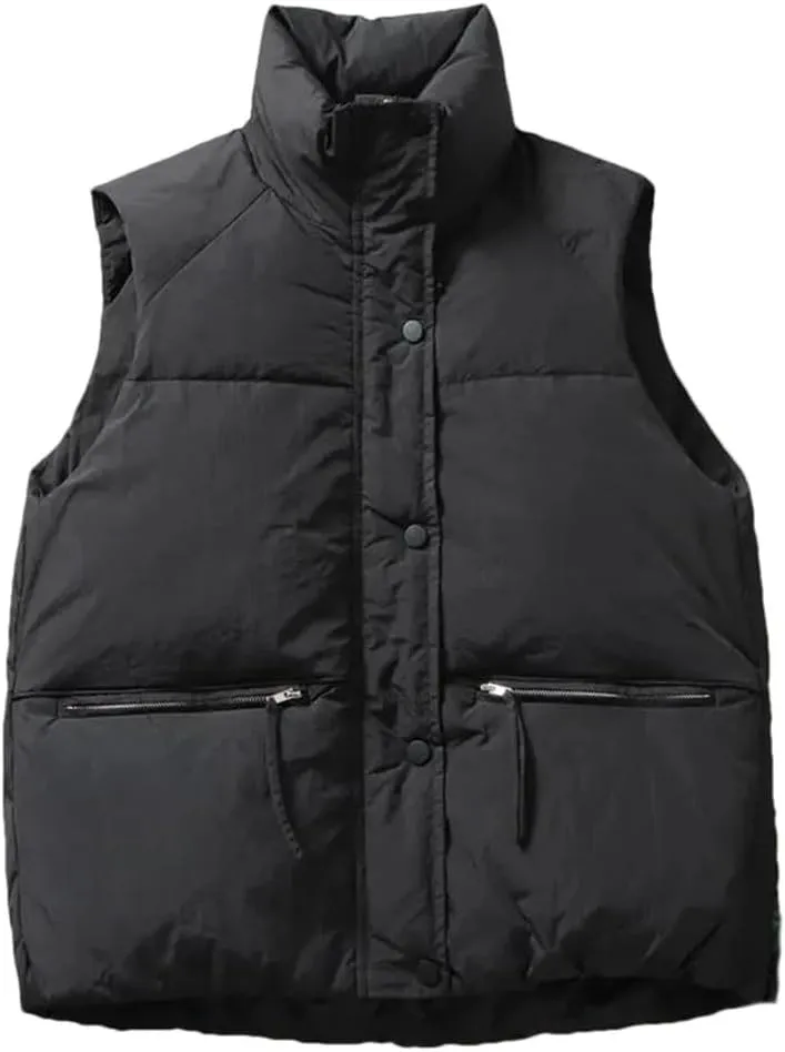 Women Autumn Winter Puffer Vest Loose Cropped Stand Collar Sleeveless Vest Jackets Cotton Padded Waistcoat