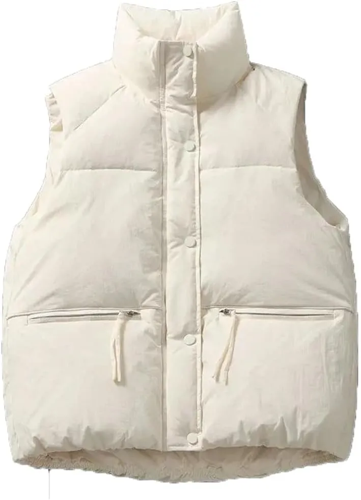Women Autumn Winter Puffer Vest Loose Cropped Stand Collar Sleeveless Vest Jackets Cotton Padded Waistcoat