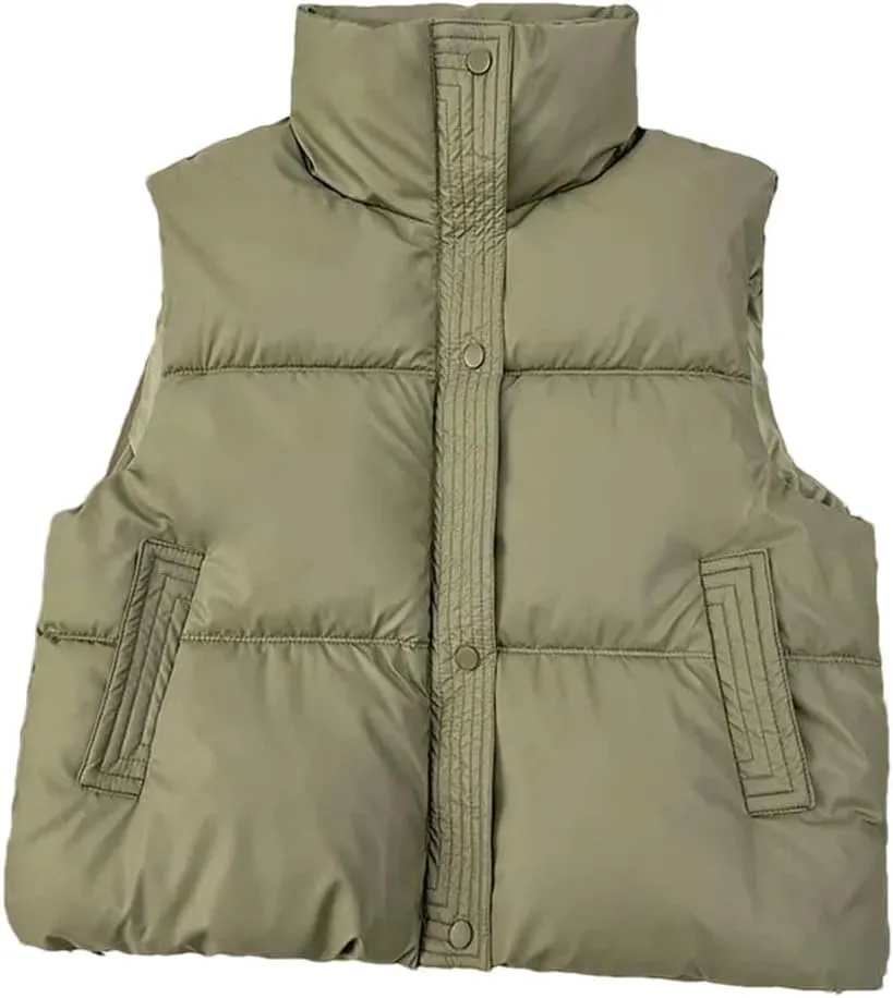 Women Autumn Winter Puffer Vest Loose Zip Up Stand Collar Sleeveless Puffy Jackets Cotton Padded Waistcoat
