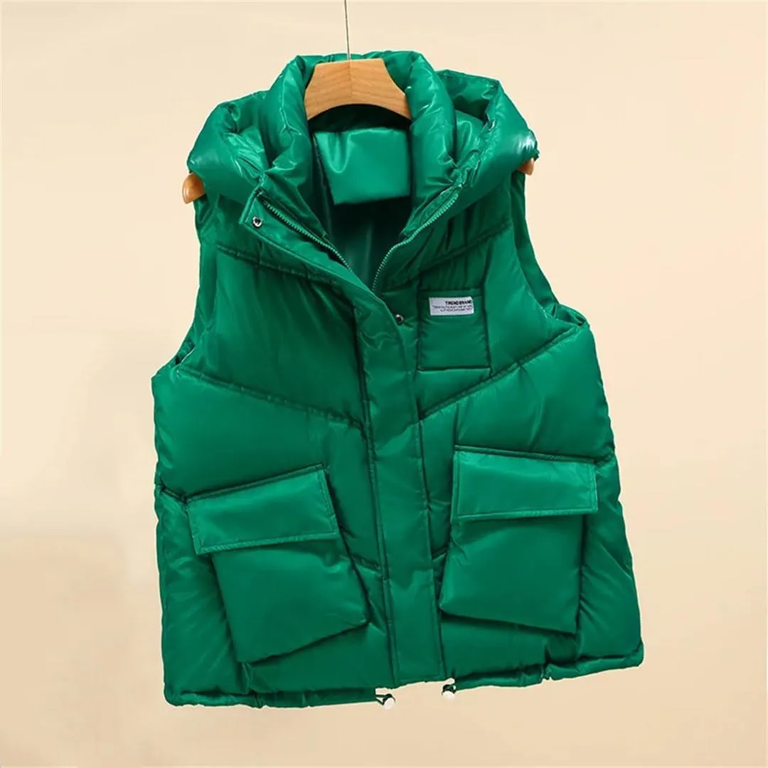 Women Autumn Winter Vest Coat Soild Color Outwear Casual Cotton Padded Stand Collar Sleeveless Jacket Waistcoat Tops