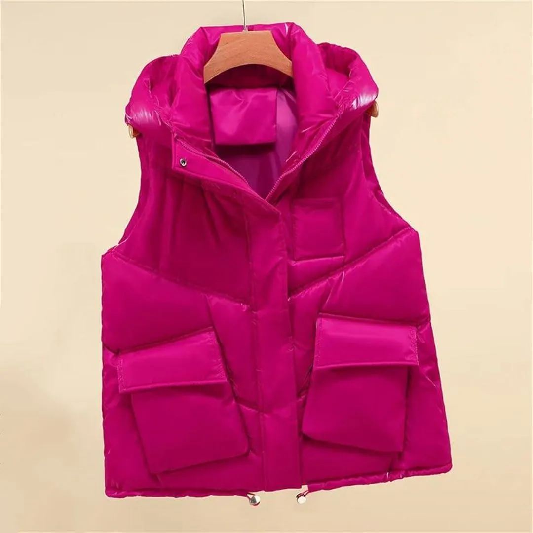 Women Autumn Winter Vest Coat Soild Color Outwear Casual Cotton Padded Stand Collar Sleeveless Jacket Waistcoat Tops