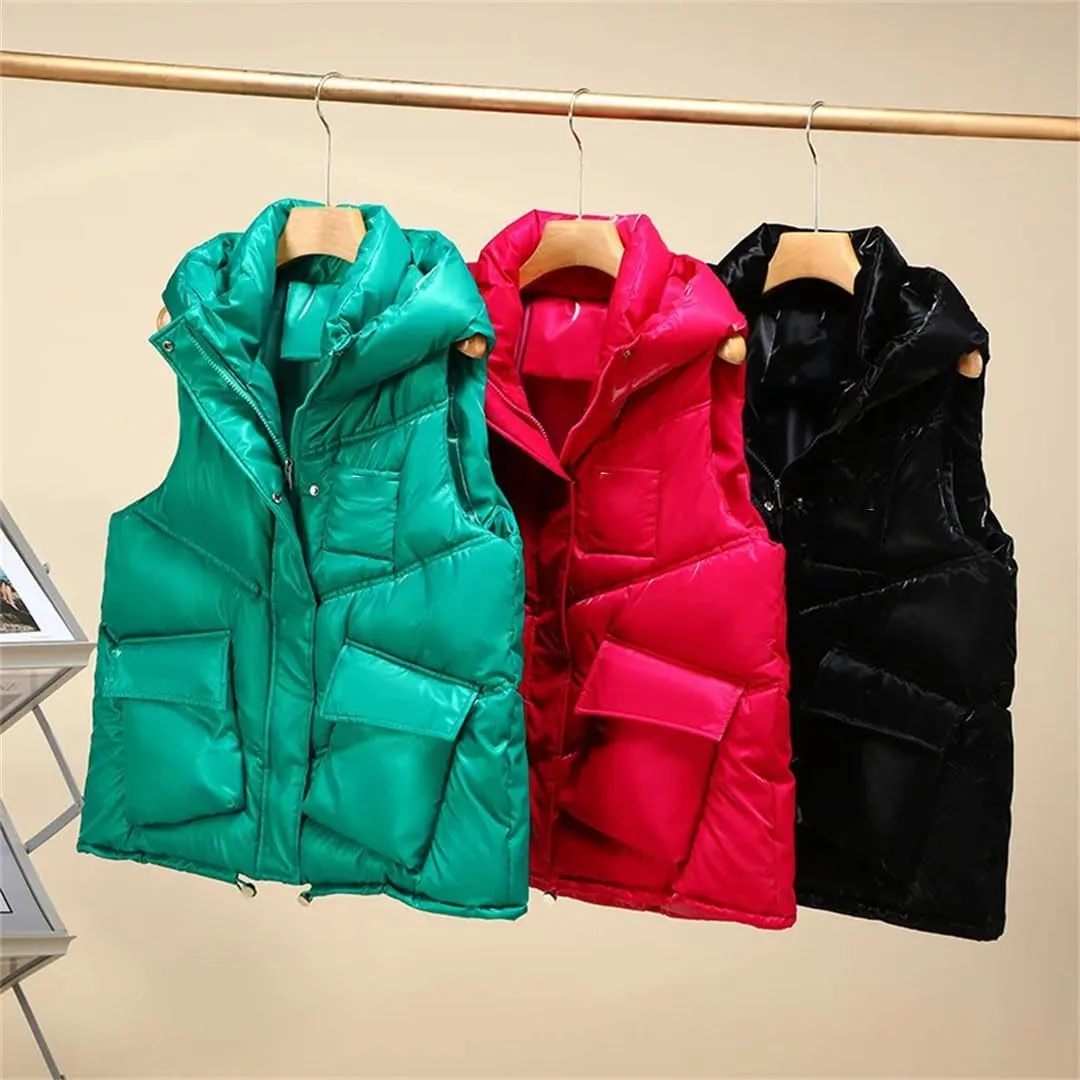 Women Autumn Winter Vest Coat Soild Color Outwear Casual Cotton Padded Stand Collar Sleeveless Jacket Waistcoat Tops